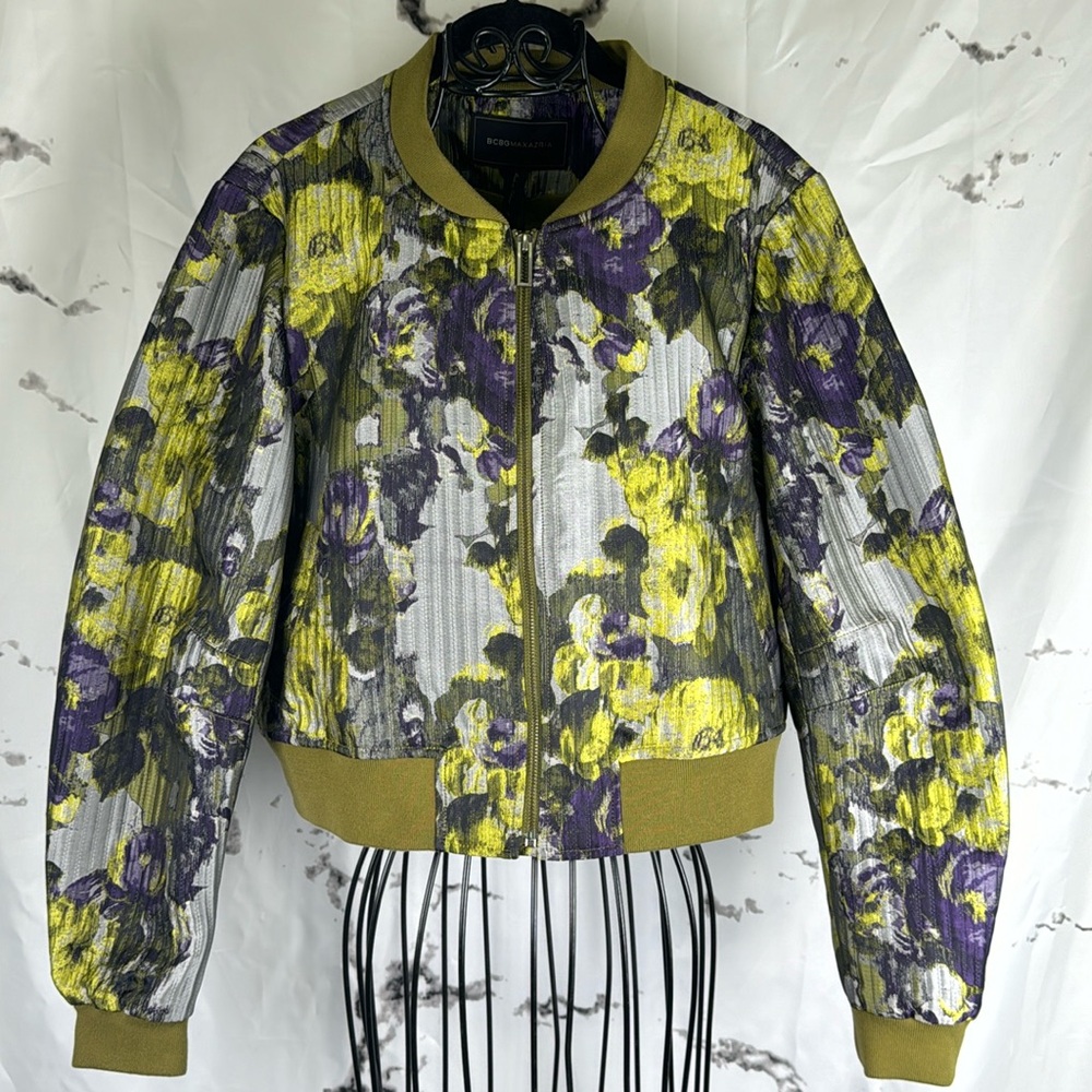 BCBGMaxAzria Colin Jacquard Bomber Jacket Cropped Floral Ribbed Lined Zip Front